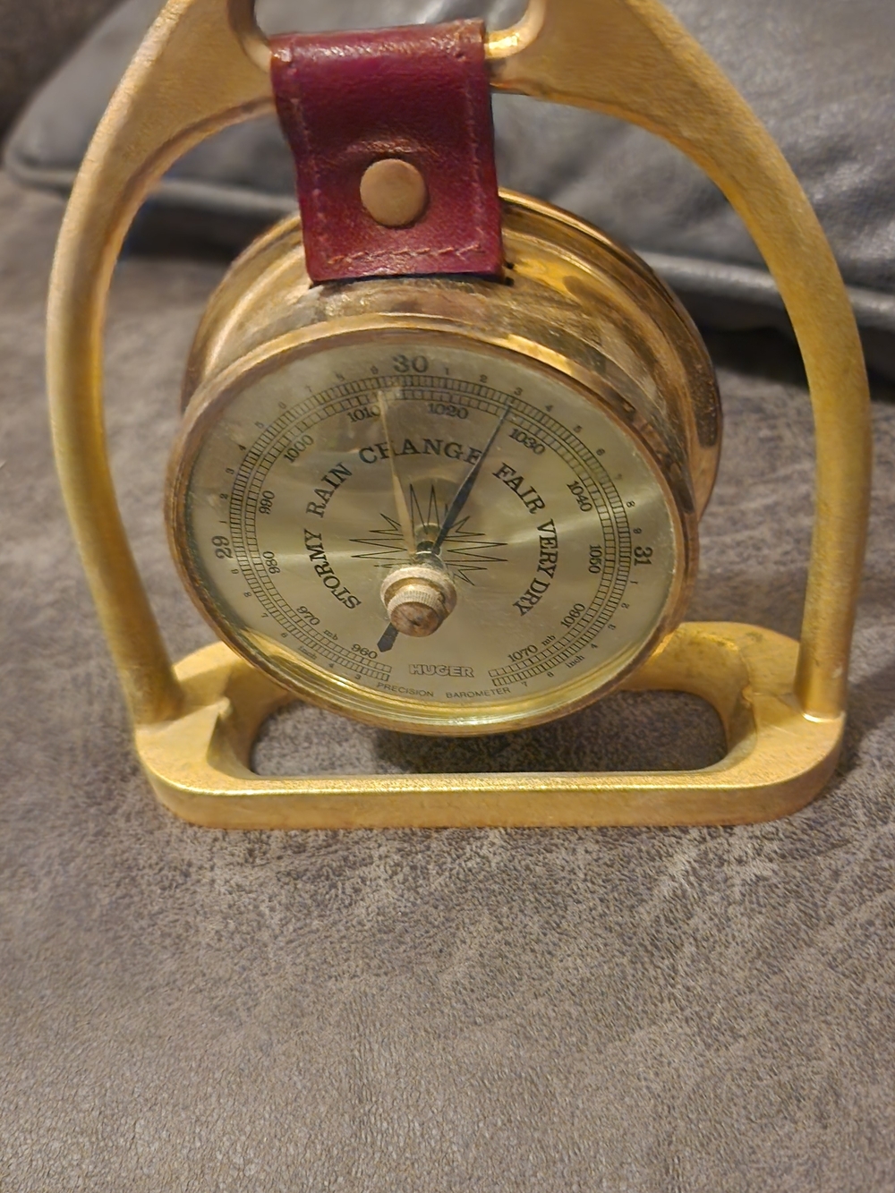 Brass Tone Mariner Barometer Wall Accent with Burgundy Leather Strap Signed Norm